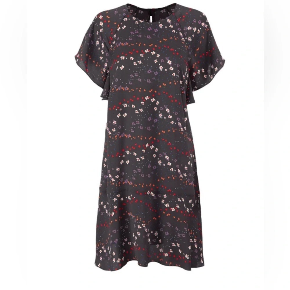 Cabi 3828 Muse Dress Womens XL Black Floral Flutter Sleeve Ruffle Hem Shift